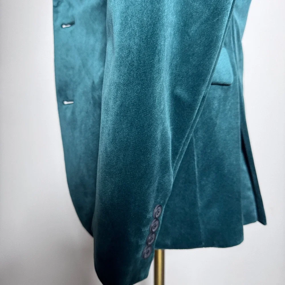 J.Ferrar Blazer Mens 36R Teal Green Solid Velvet Slim Fit Two Button Sport Coat